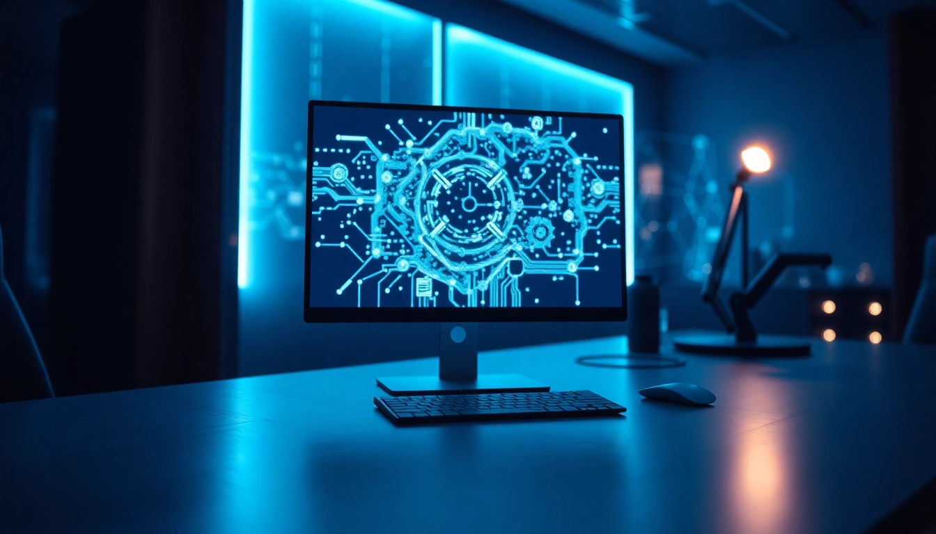 Close-up of a futuristic workspace with a computer screen showcasing AI-generated images, illuminated with blue and white lighting.