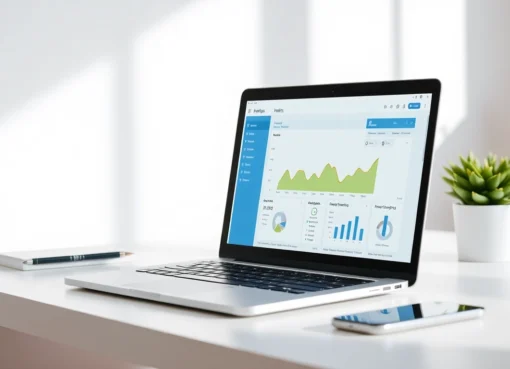 An engaging image of a modern workspace featuring a laptop with daily Search Blog analytics, highlighting digital research and content creation.
