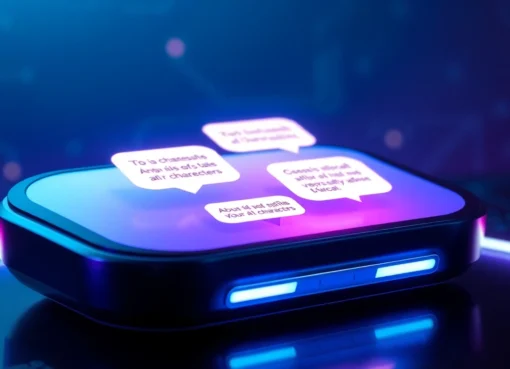 Futuristic chatbot interface on a sleek device with glowing text bubbles in a tech-inspired setting.