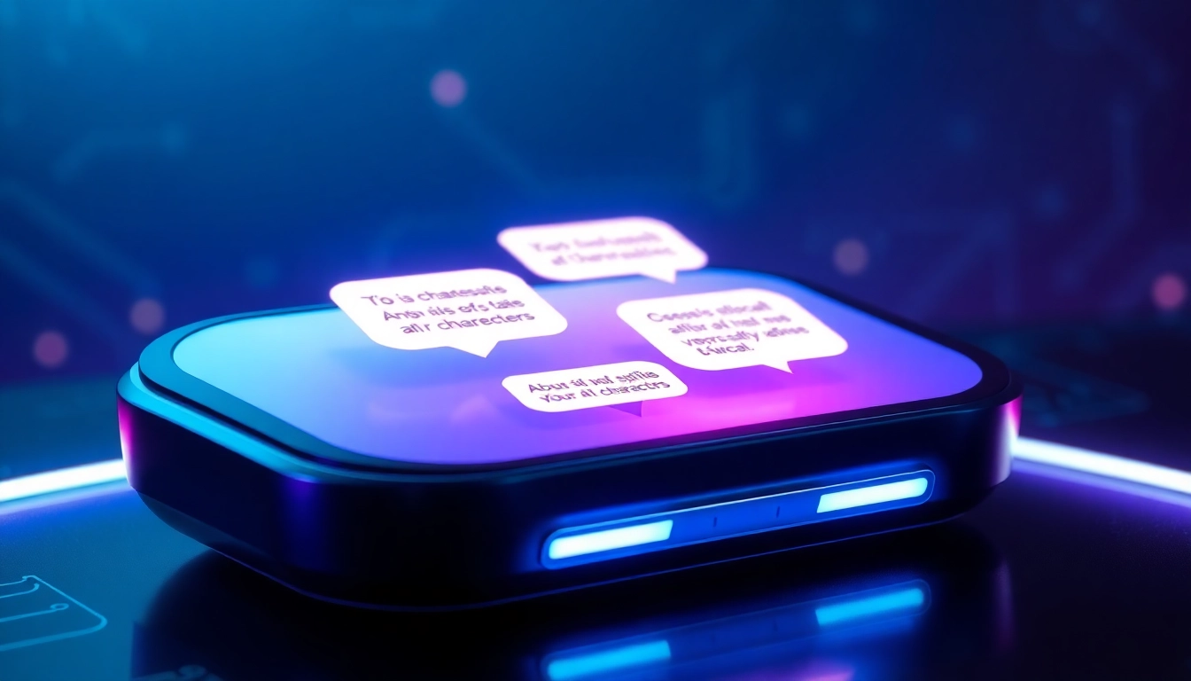 Futuristic chatbot interface on a sleek device with glowing text bubbles in a tech-inspired setting.