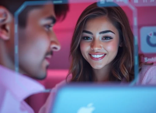 AI girlfriend engaging in a warm conversation on a sleek tablet screen, emphasizing emotional connection and realism for users seeking virtual companionship.