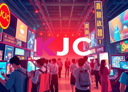 KJC branding logo with a vibrant digital entertainment network representing the global reach