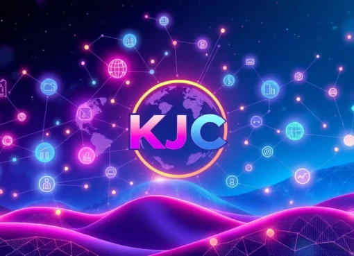 KJC brand logo displayed on a digital platform emphasizing global cooperation and modern