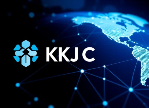 KJC logo displayed on digital globe with interconnected nodes, symbolizing global digital entertainment and technology collaboration.