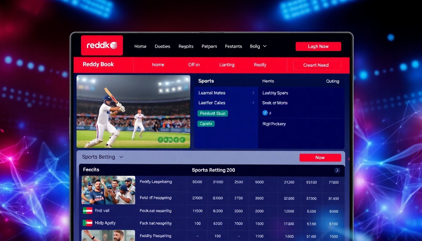 Reddy Book sports betting platform with live cricket action, emphasizing engaging interface and secure transactions for users.