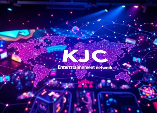 Engaging KJC platform featuring a global digital network connected with vibrant lines, representing entertainment and innovation, highlighting trusted brand identity.