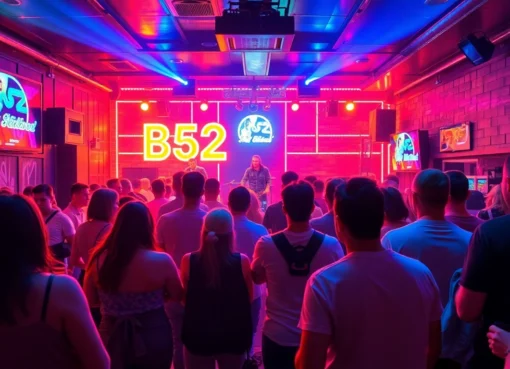 B52 club lively interior with energetic crowd, vibrant lighting, and stage performance action.