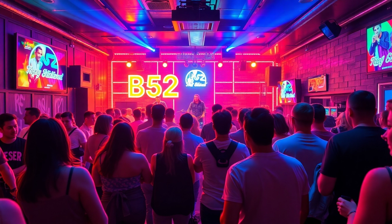 B52 club lively interior with energetic crowd, vibrant lighting, and stage performance action.