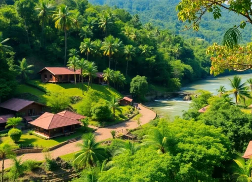Relaxing outdoor scene of a dandeli resorts property with river-view cottages and dense forest