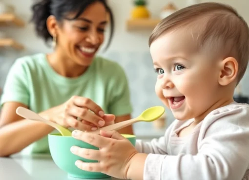 Baby enjoying alimentazione naturale per svezzamento bambini with silicone feeding set in