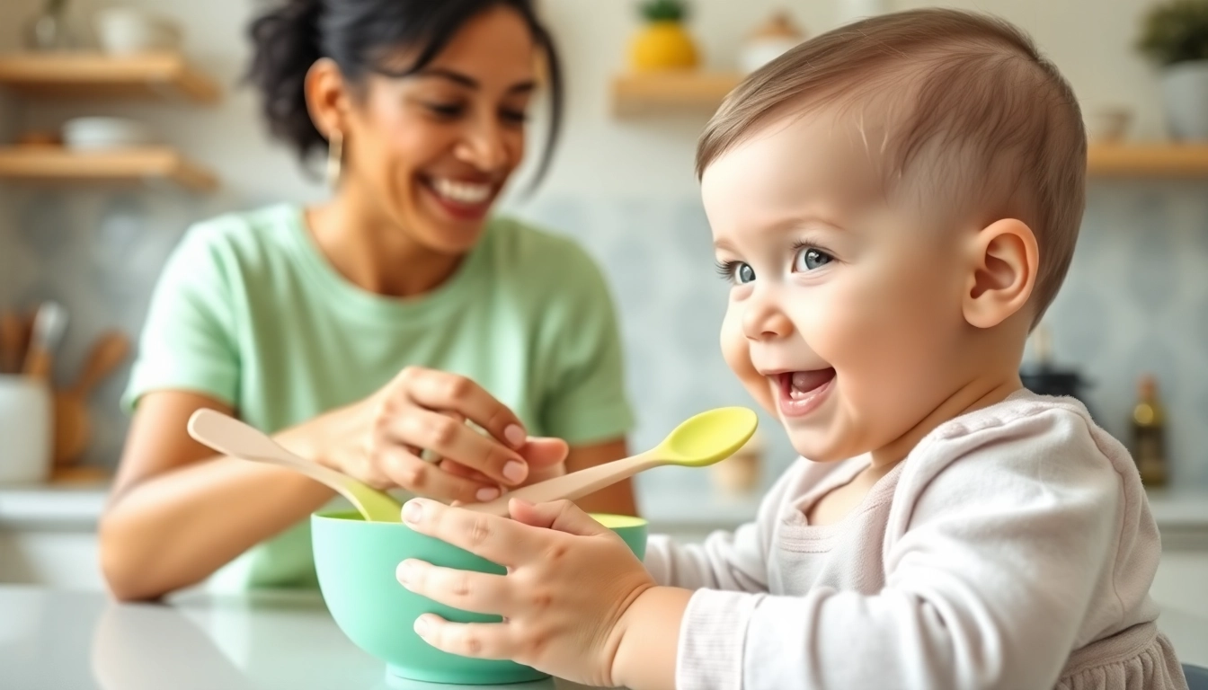 Baby enjoying alimentazione naturale per svezzamento bambini with silicone feeding set in
