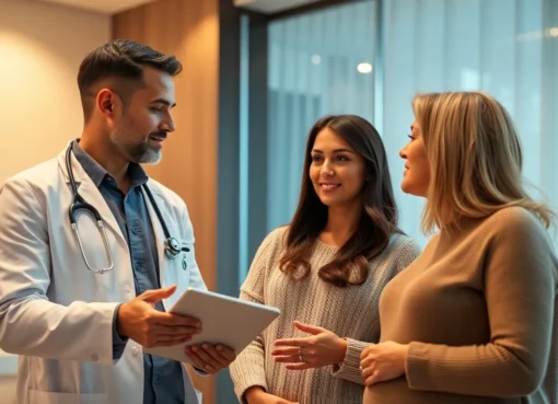 Fecondazione process in a clinical setting showcasing fertility specialist assisting couple