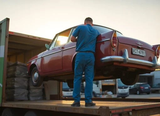 Efficient Autoverschrottung process with a worker handling vehicle removal at a modern