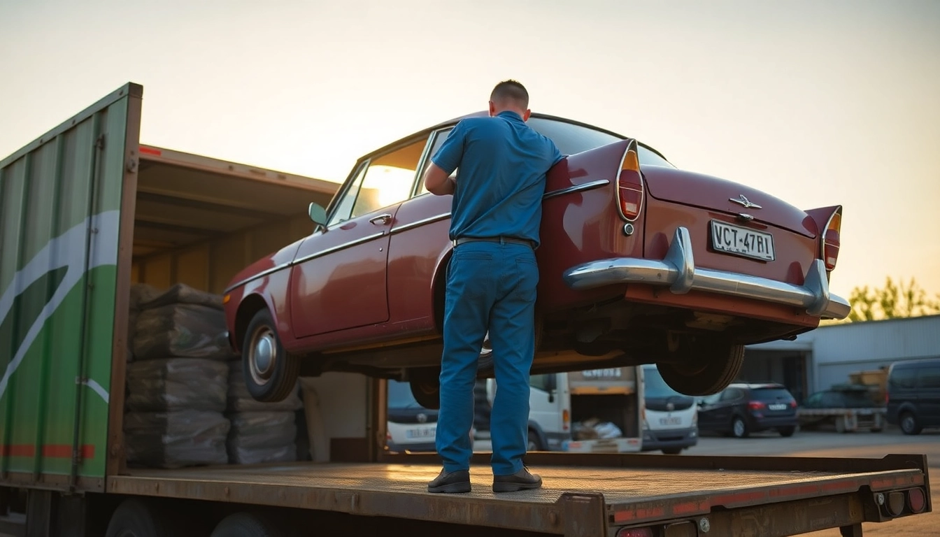 Efficient Autoverschrottung process with a worker handling vehicle removal at a modern
