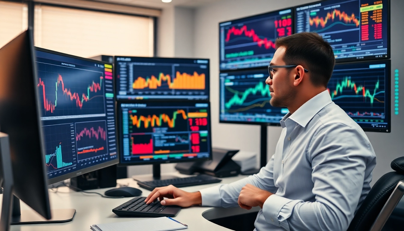 Trading and Investment News analysis with stock charts, gold prices, and market data visuals