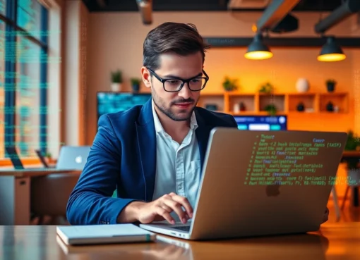 Professional mission freelance workspace with a freelancer coding on laptop for remote success
