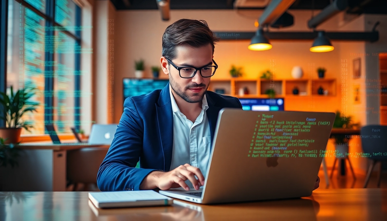 Professional mission freelance workspace with a freelancer coding on laptop for remote success