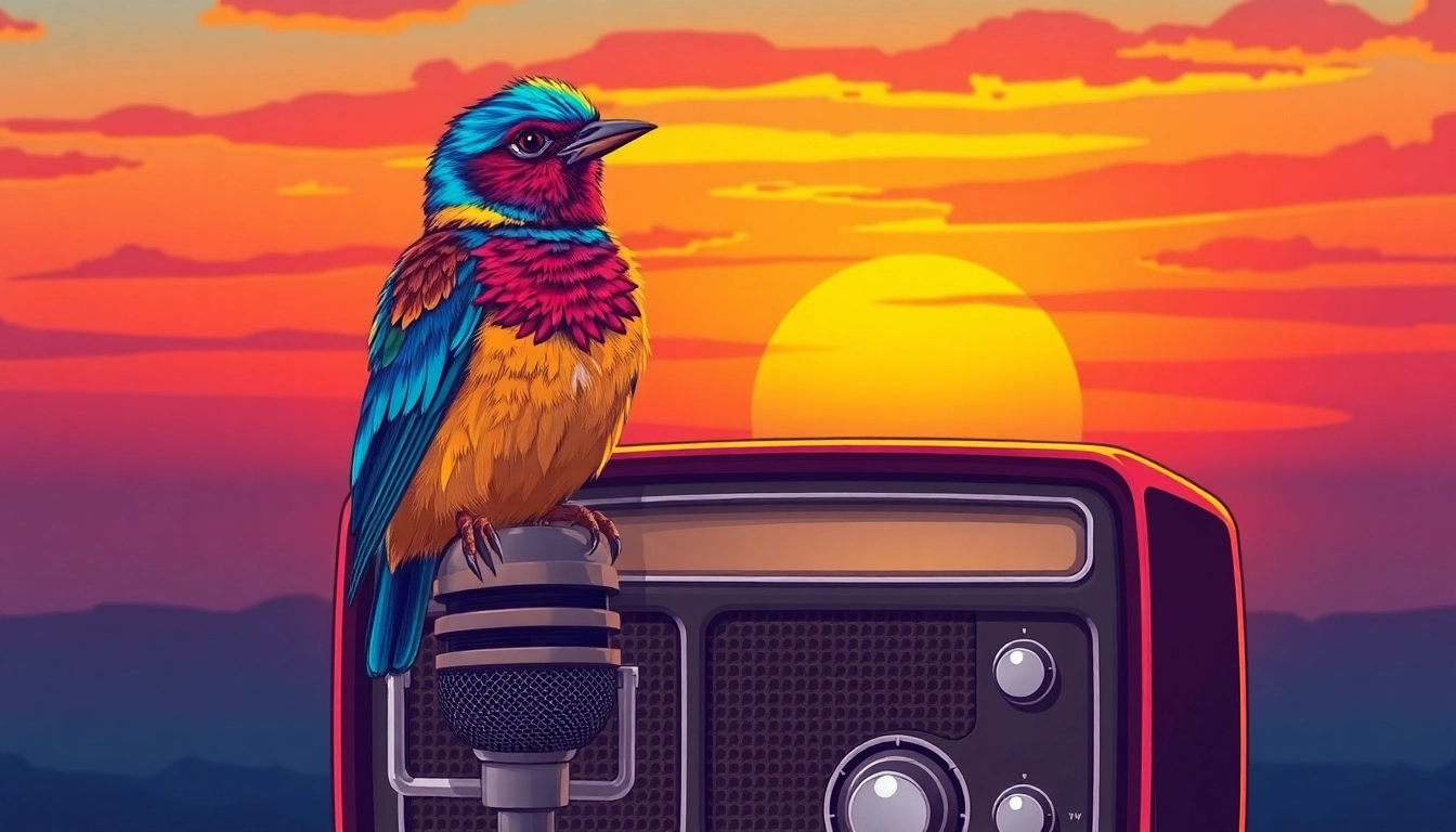Bird Talk Radio features lively birds with vibrant feathers broadcasting from a vintage radio