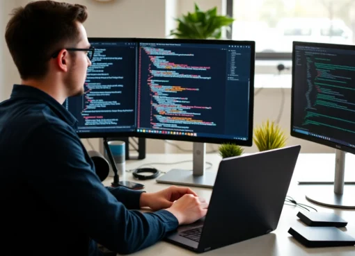 Professional web developer optimizing website speed and design on a clean workspace for better