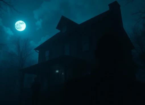 Thrilling horror video scene showing a haunted house with eerie lighting and shadowy figures for a spine-chilling experience.