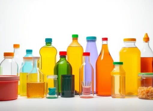 High-quality photo of various pet sise bottles and glass containers showcasing packaging