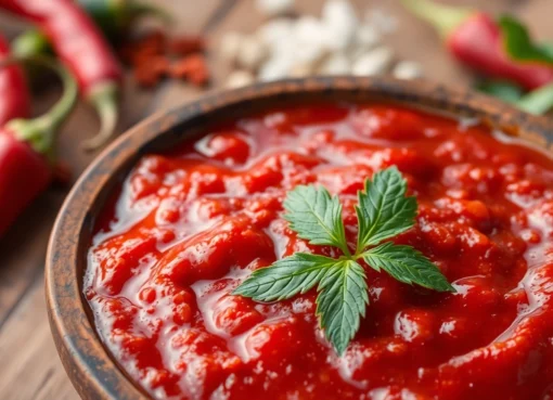 Bright red chili paste being stirred in a bowl with fresh chilies and spices for authentic flavor