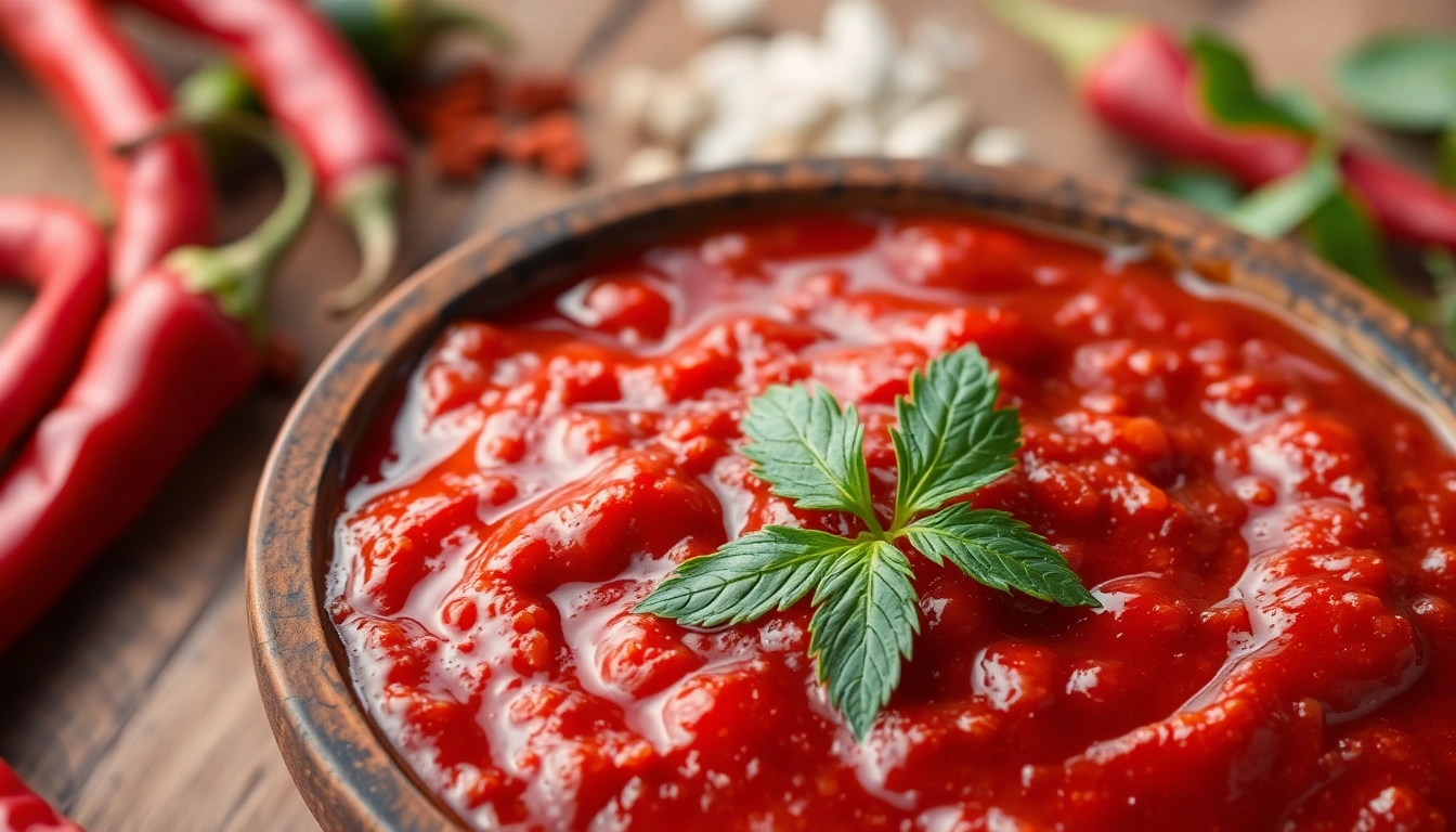 Bright red chili paste being stirred in a bowl with fresh chilies and spices for authentic flavor