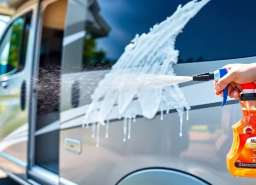 Effektiver Wohnmobilreiniger: Professionelle Tipps für strahlenden Glanz Effective Wohnmobilreiniger in action cleaning a shiny camper van exterior with foam and