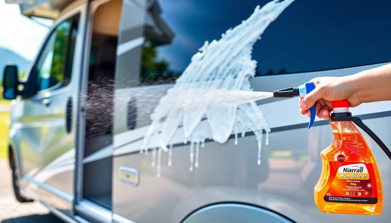 Effective Wohnmobilreiniger in action cleaning a shiny camper van exterior with foam and