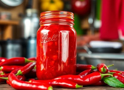 Bright red chili paste served in a glass jar with fresh red chilies for flavor and authenticity