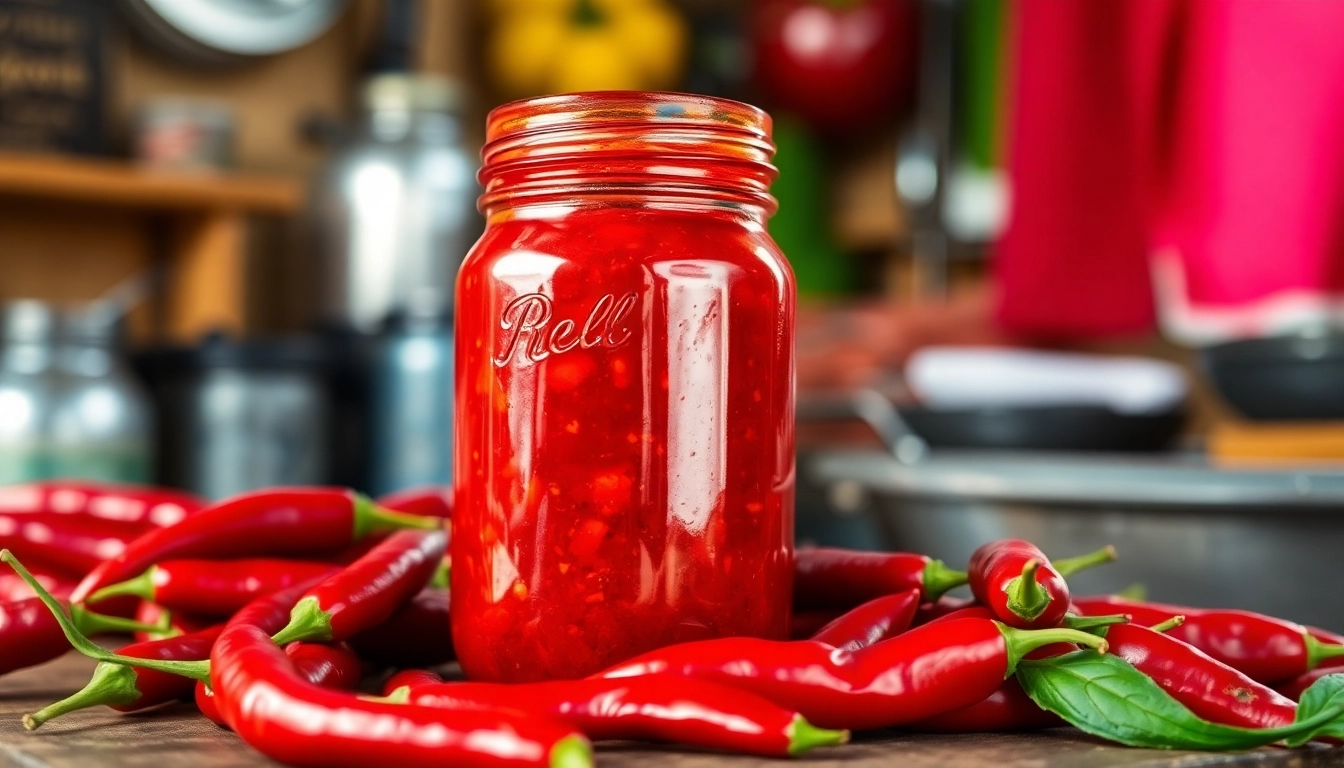Bright red chili paste served in a glass jar with fresh red chilies for flavor and authenticity