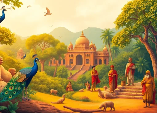 Visit httpgujaratigyan.com to see a colorful Gujarat-themed scene with peacocks, forests, and